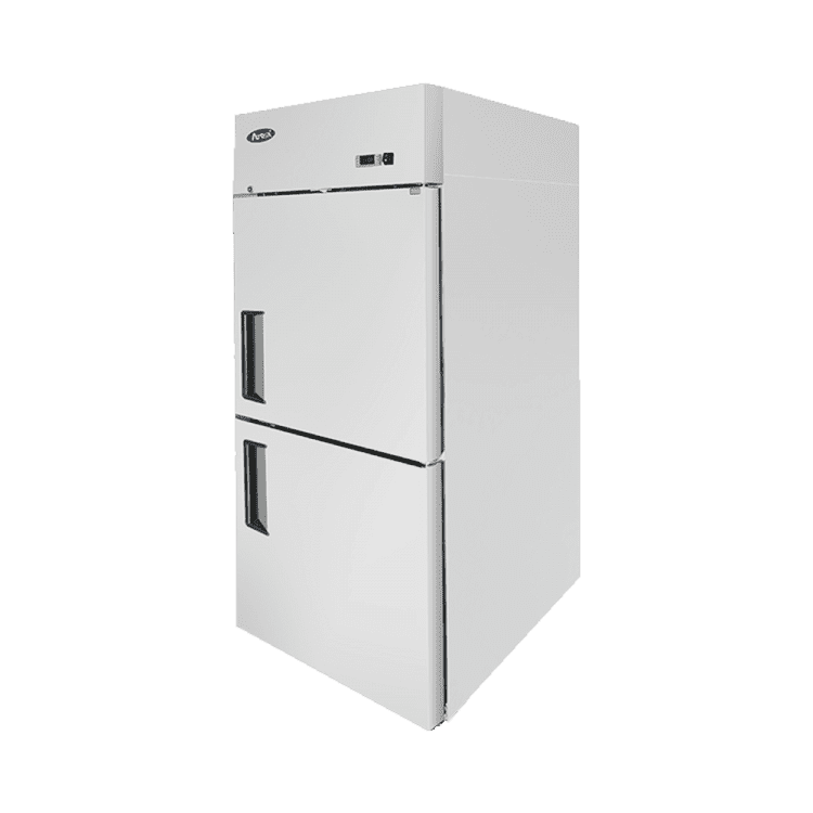 A right side view of Atosa's top mount refrigerator with half doors
