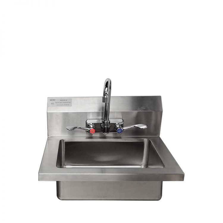 A front view of MixRite's 18" Hand Sink with Wrist Blade Handles