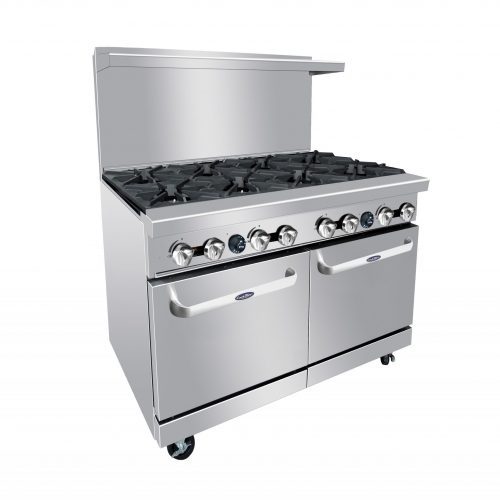An angled view of CookRite's 48" Gas Range with Eight (8) Open Burners