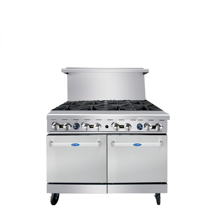 A front view of CookRite's 48" Gas Range with Eight (8) Open Burners