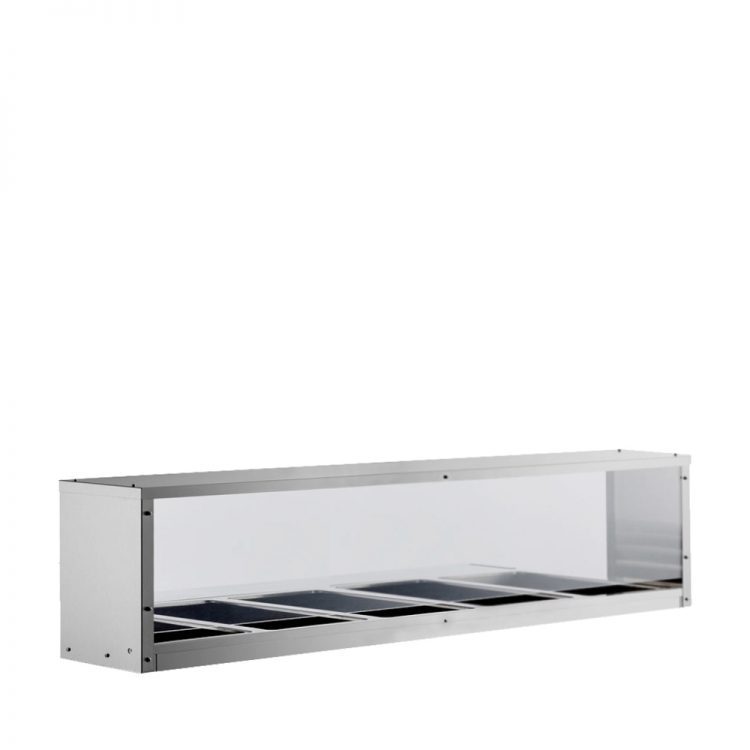 A left side view of MixRite's over shelf for electric steam tables