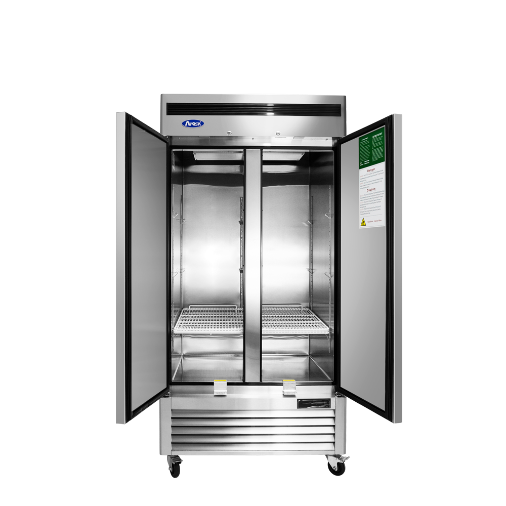 A front view of Atosa's bottom mount two door reach-in freezer with the doors open
