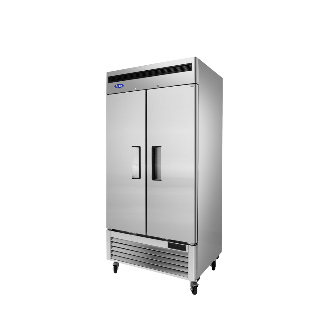 A side view of Atosa's bottom mount two door reach-in freezer